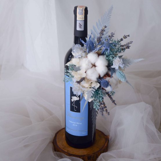 Blue Theme Affordable Wine Bottle Flower by AfterRainFlorist, PJ Florist.