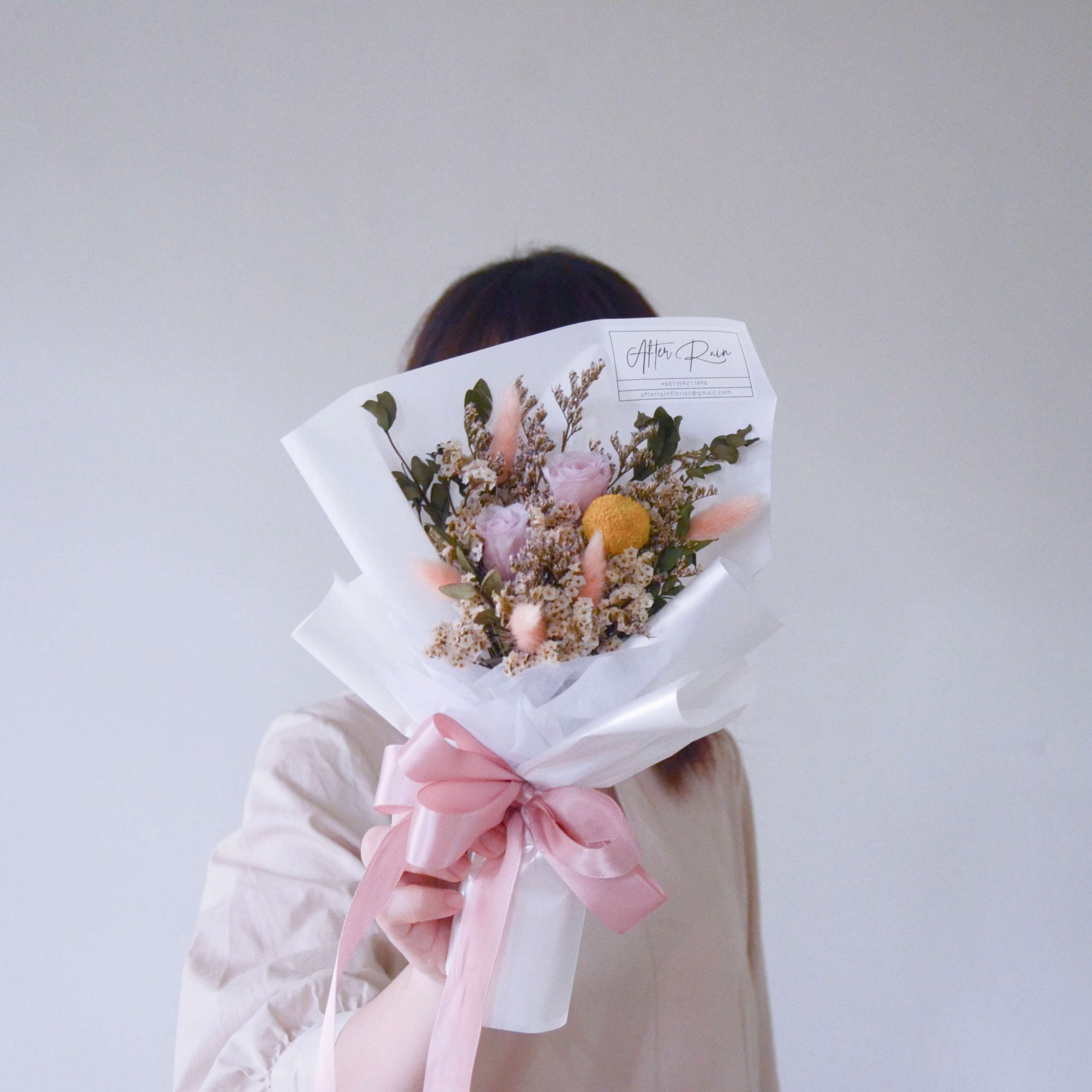 Preserved Pink Rose, Dried Purple Caspia, Dried Pavifloral & Dried White Caspia with Pink Bunny Tail by AFTERRAINFLORIST