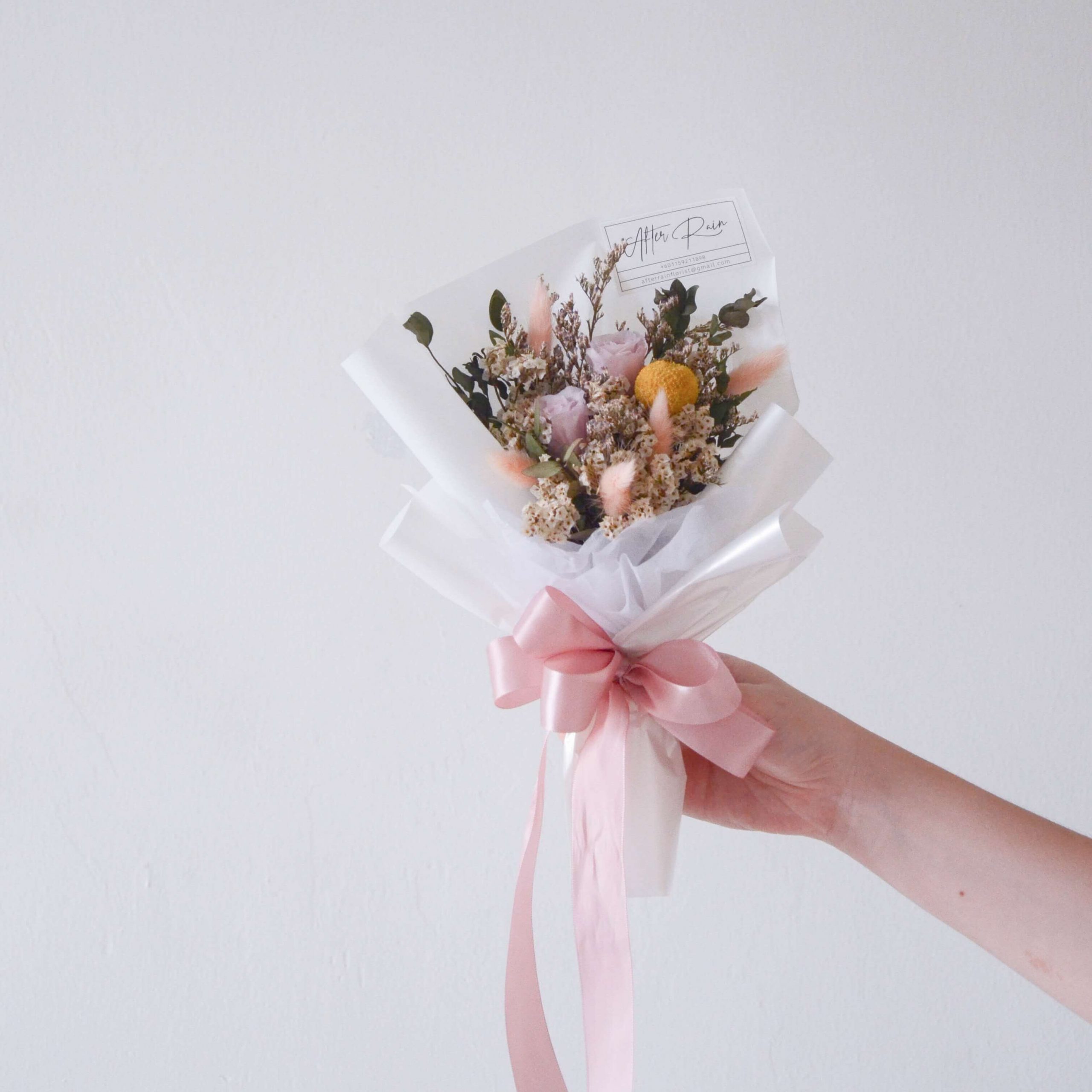 Preserved Pink Rose, Dried Purple Caspia, Dried Pavifloral & Dried White Caspia with Pink Bunny Tail by AFTERRAINFLORIST