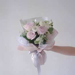 Fresh Bloom Bouquet featuring Avalanche Pink Rose, White Lisianthus & Variegated Euphorbia Marginata Leaf by AFTERRAINFLORIST