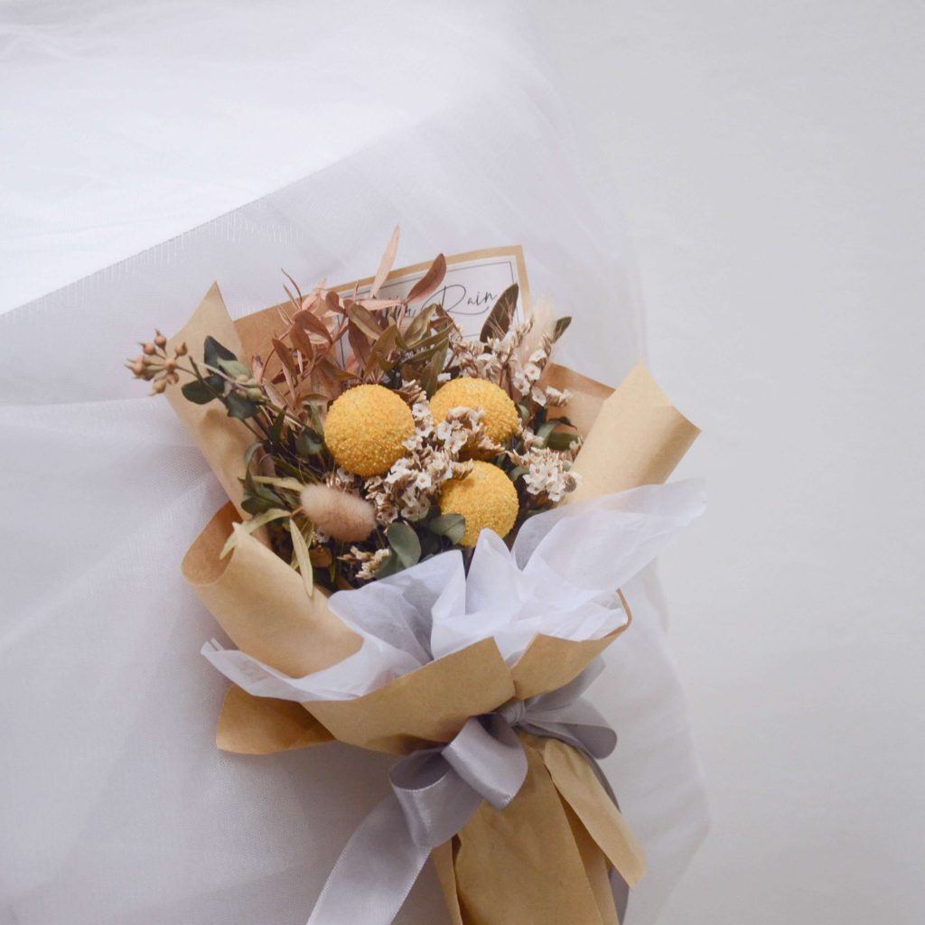 Dried Flower Series with Yellow Craspedia, White Caspia, Pavifloral Pistacia Spirited Small Dried Flower Bouquet by AFTERRAINFLORIST