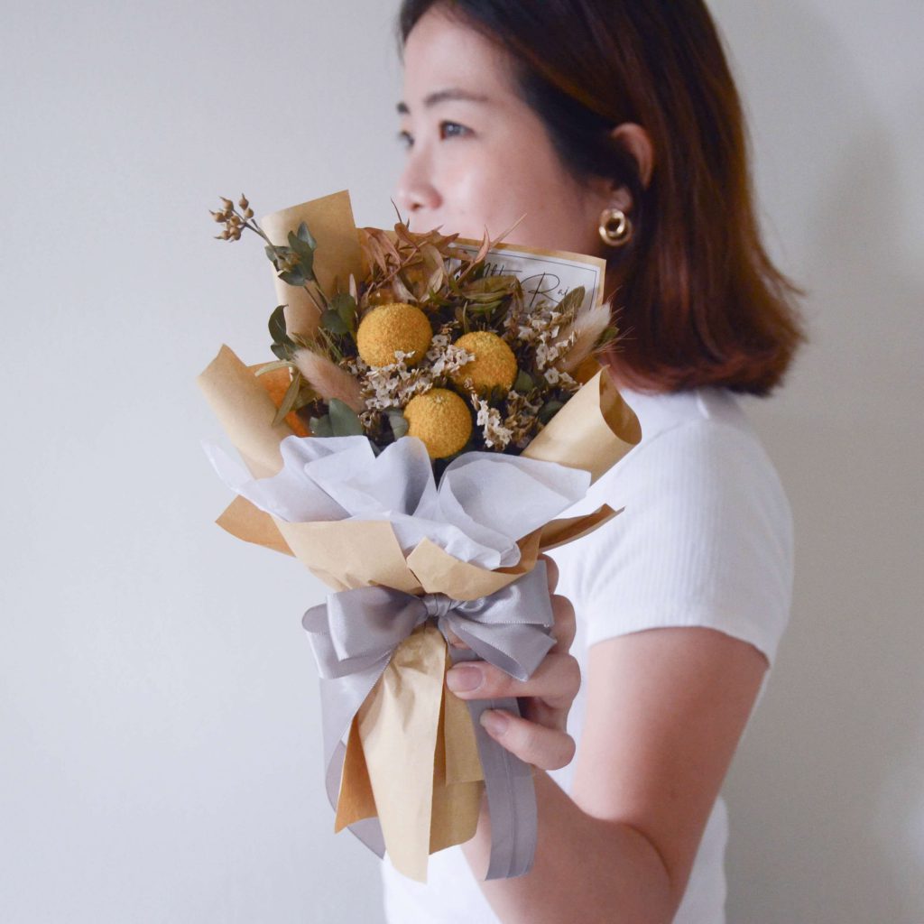 Dried Flower Series with Yellow Craspedia, White Caspia, Pavifloral Pistacia Spirited Small Dried Flower Bouquet by AFTERRAINFLORIST