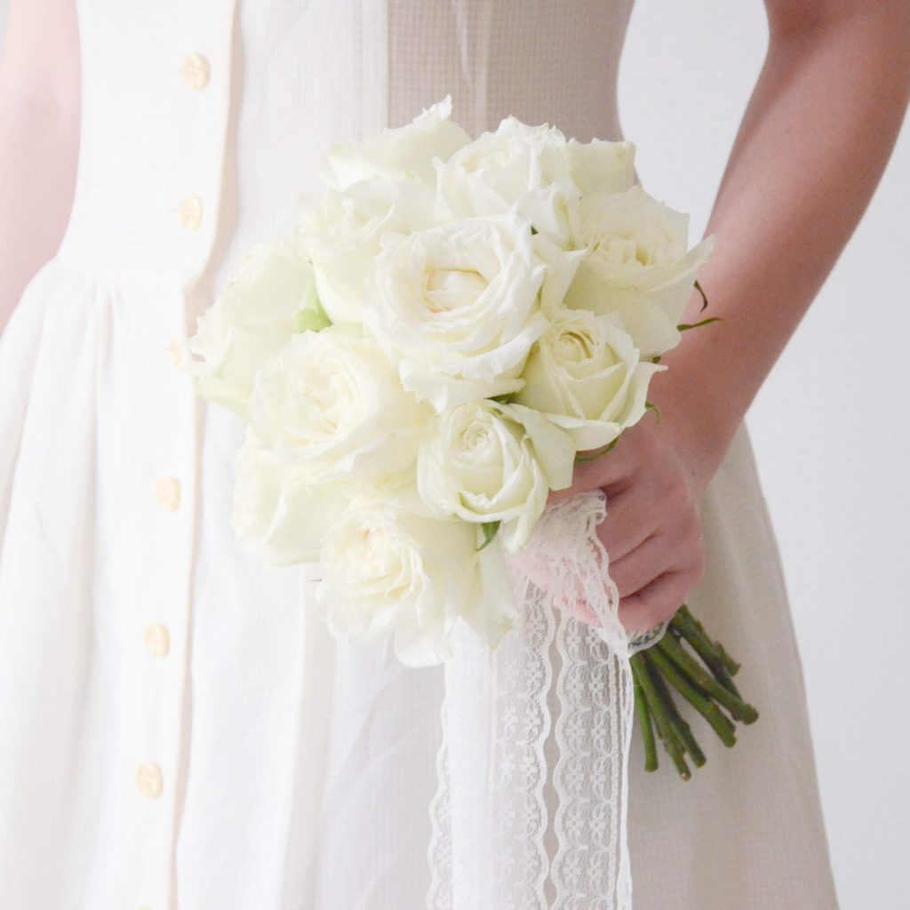 Affordable Fresh White Roses Bridal Bouquet with Lace Ribbon by AfterRainFlorist, PJ Florist