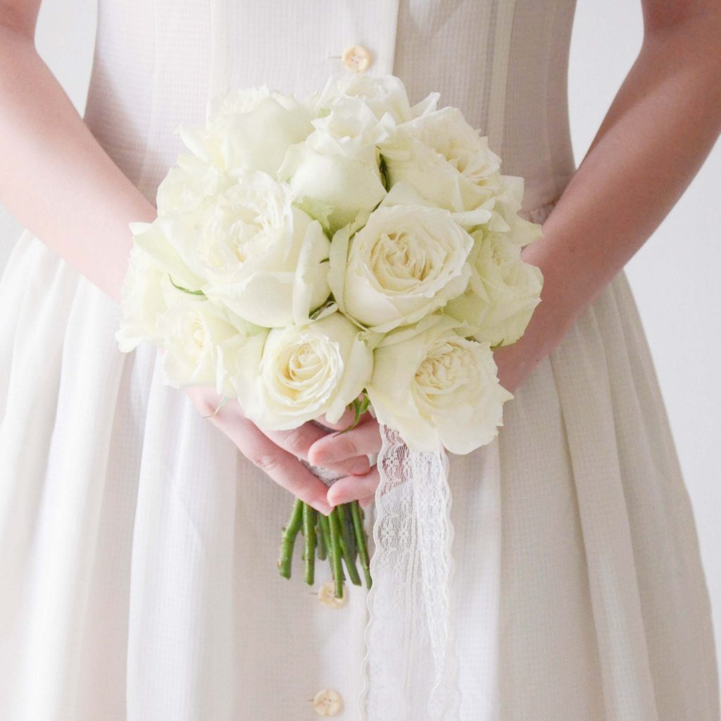 Affordable Fresh White Roses Bridal Bouquet with Lace Ribbon by AfterRainFlorist, PJ Florist