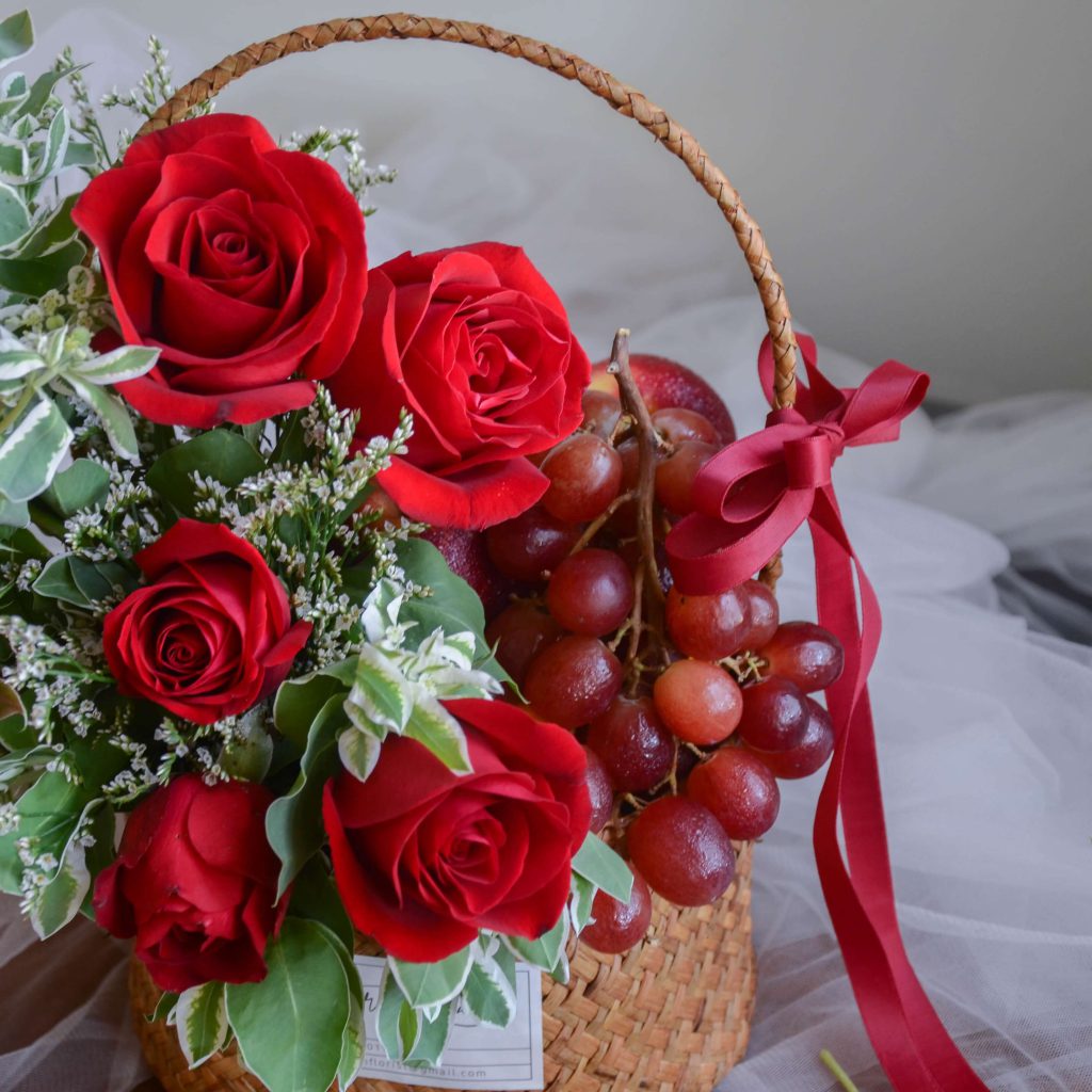 Red Rose Lavish Fresh Flower & Fruit Basket by AfterRainFlorist, PJ Florist