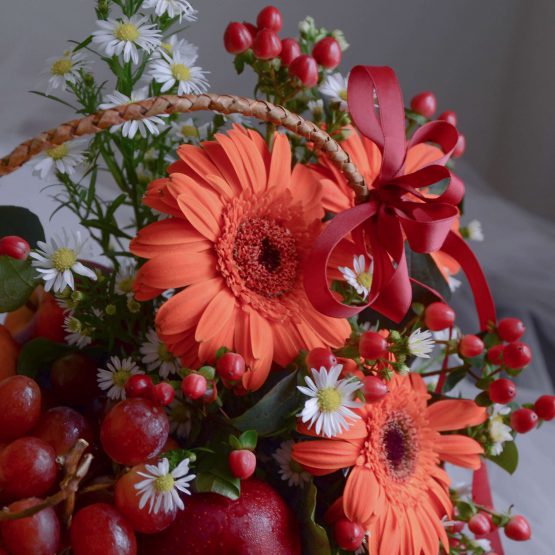 Sunset Orange color Fresh Flower & Fruit Basket