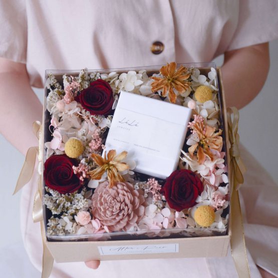 Preserved flower box with lele jewelry collaboration by AfterRainFlorist, PJ Flower Delivery