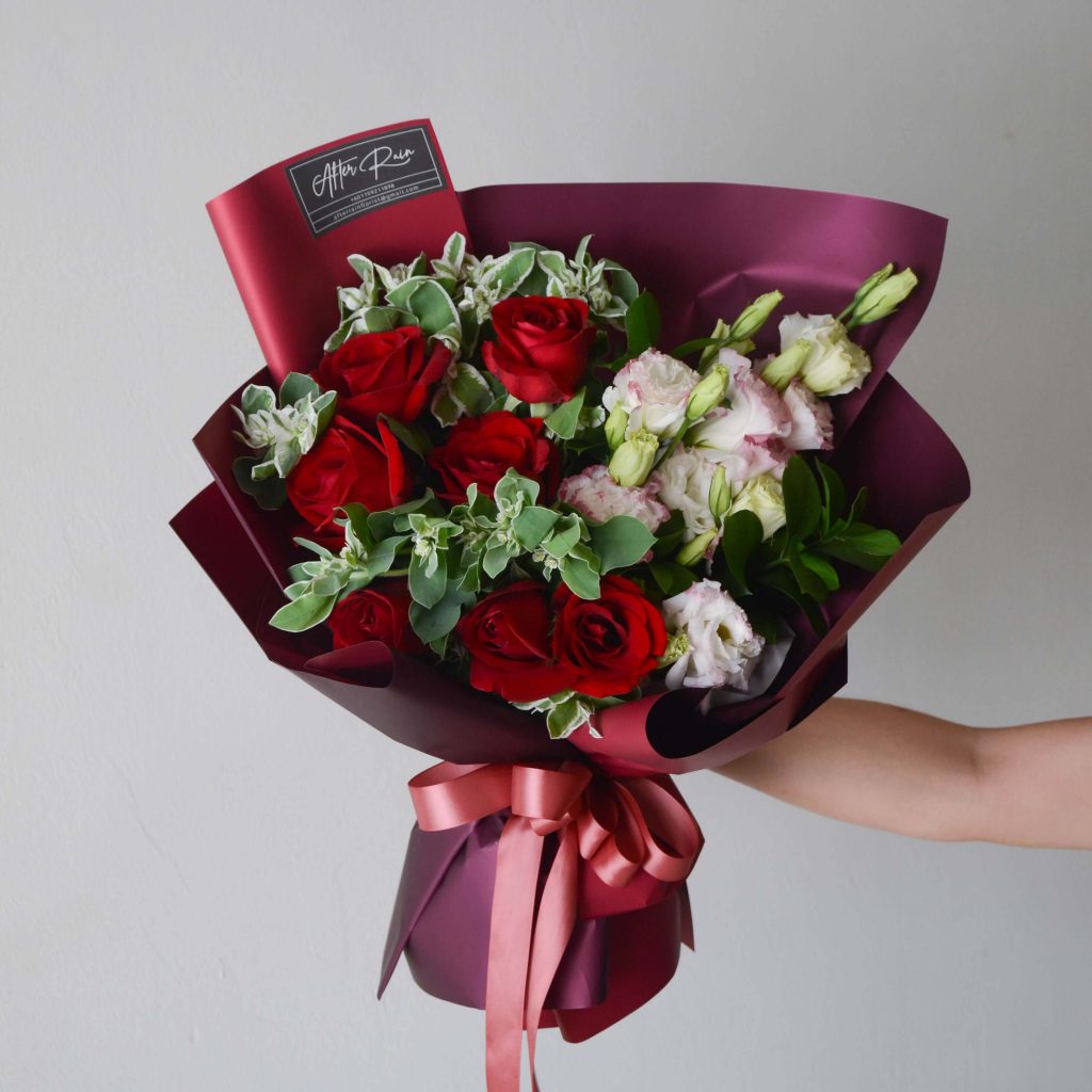 Red Rose & Two Tone Pink Eustoma Fresh Flower & Fruit Basket by AfterRainFlorist, PJ Florist, KL & Selangor Flower Delivery Service