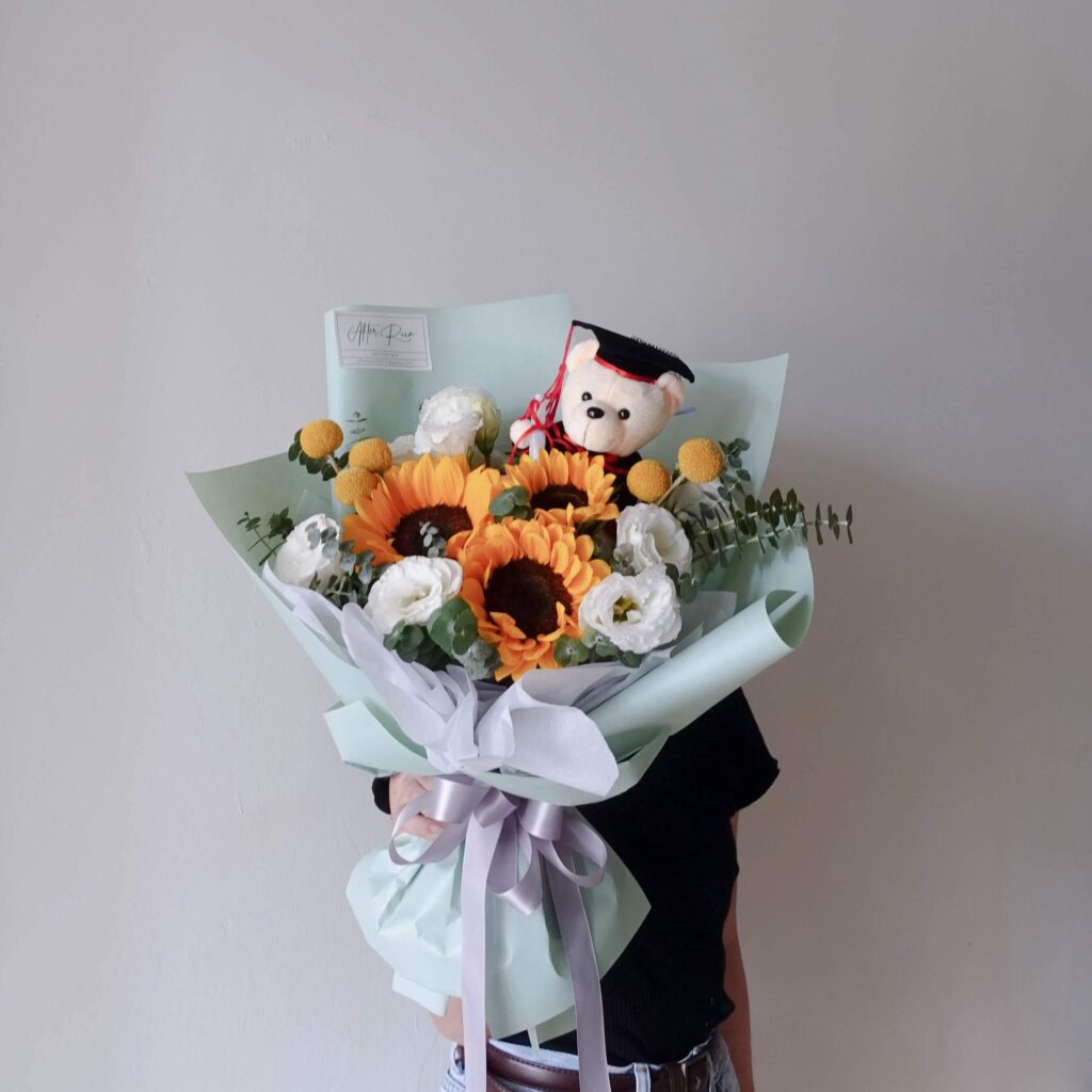 Congratulation Sunflower Bear Graduation Fresh Flower wrapping bouquet by AfterRainFlorist, PJ Florist, KL & Selangor(Klang Valley) Flower Delivery Service