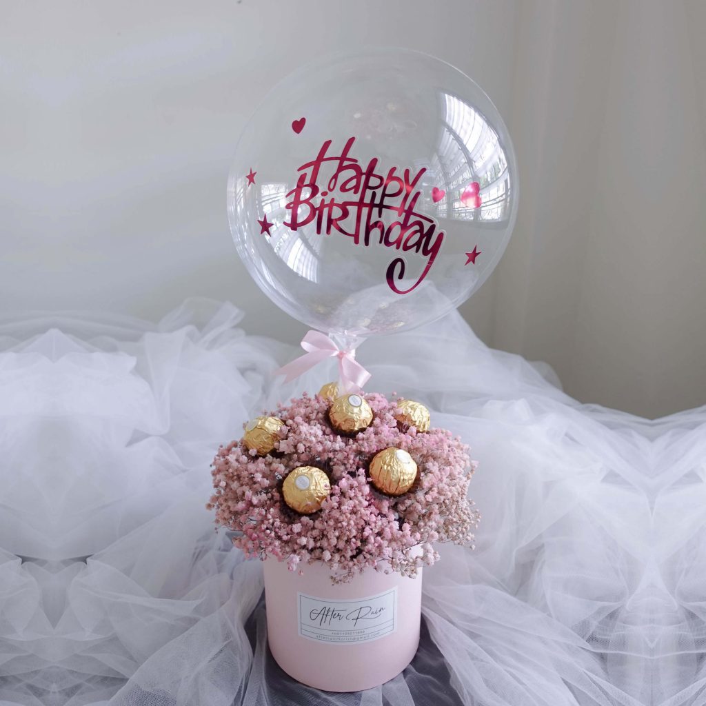Pink Baby Breath & Ferrero Rocher Dried Flower Gift Box with Balloon by AfterRainFLorist, Pj(Malaysia) Florist,KL & Selangor Flower Delivery Service