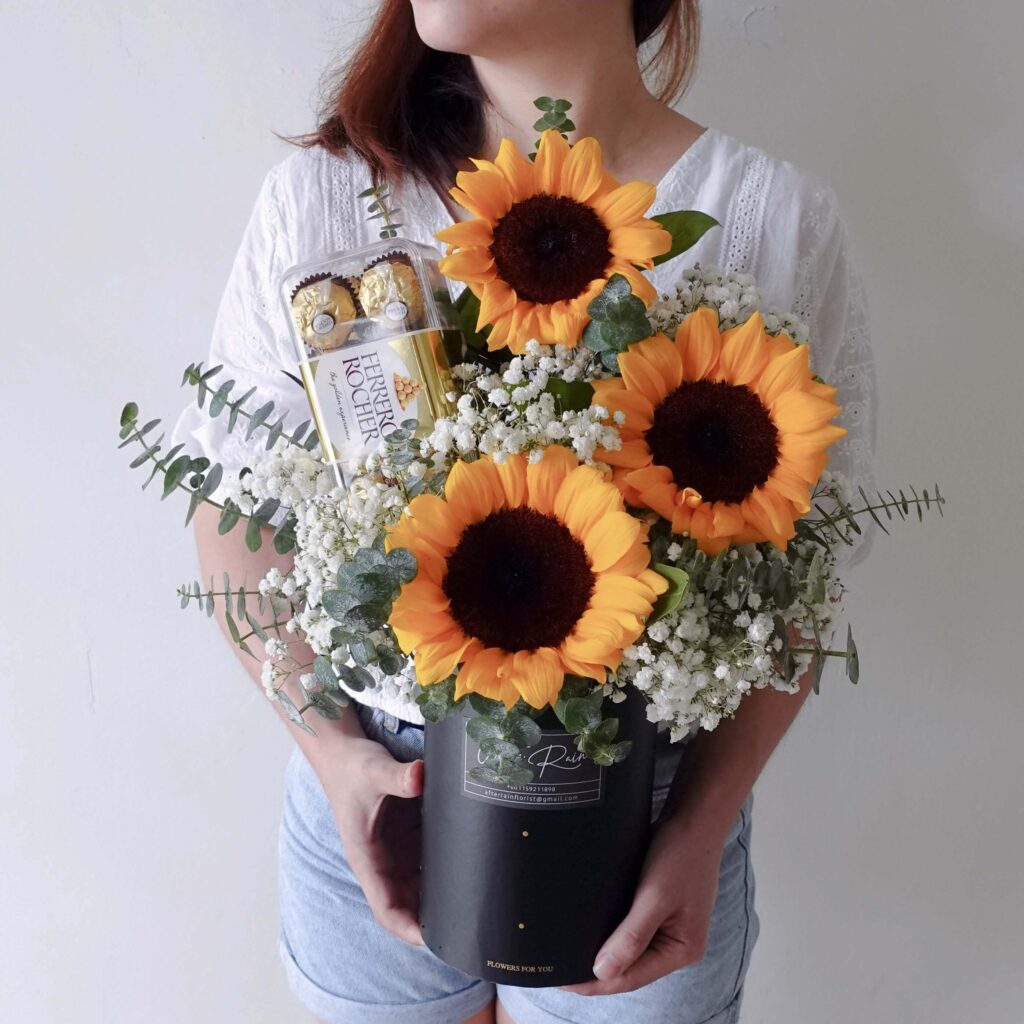 Sunflower with Ferrero Rocher Fresh Flower Chocolate Gift Box Set by AfterRainFLorist, PJ (Malaysia) online Florist,KL & Selangor / Klang Valley Flower Delivery Service