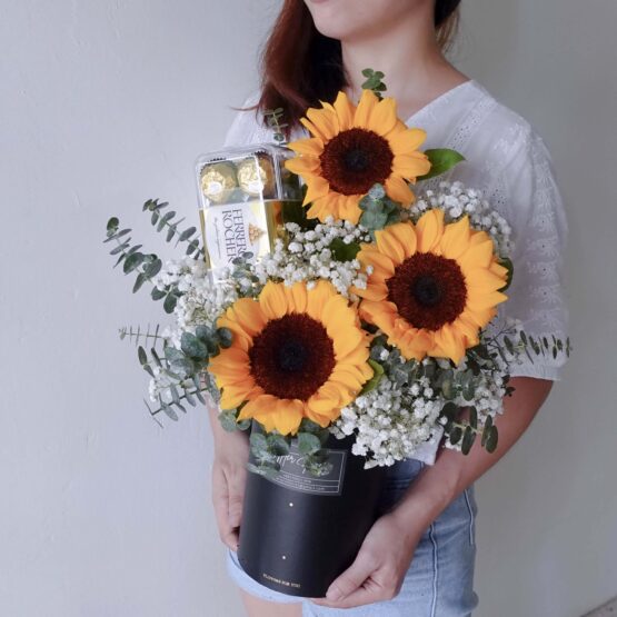 Sunflower with Ferrero Rocher Fresh Flower Chocolate Gift Box Set by AfterRainFLorist, PJ (Malaysia) online Florist,KL & Selangor / Klang Valley Flower Delivery Service