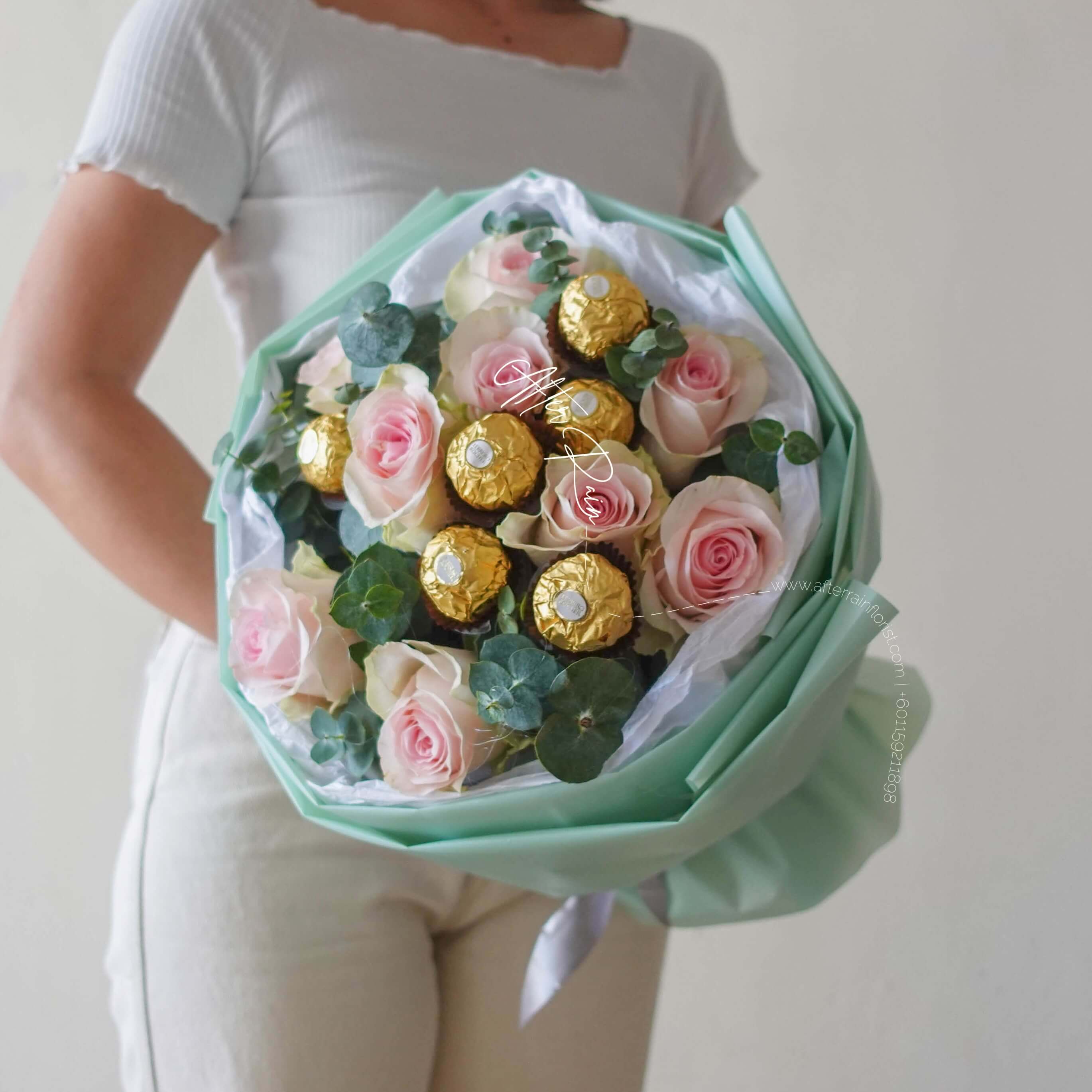 AfterRainFlorist Pastel Sweet Rose With Ferrero Rocher Chocolate Birthday Gift Bouquet PJ Florist KL Klang Valley Flower Gift Delivery Services
