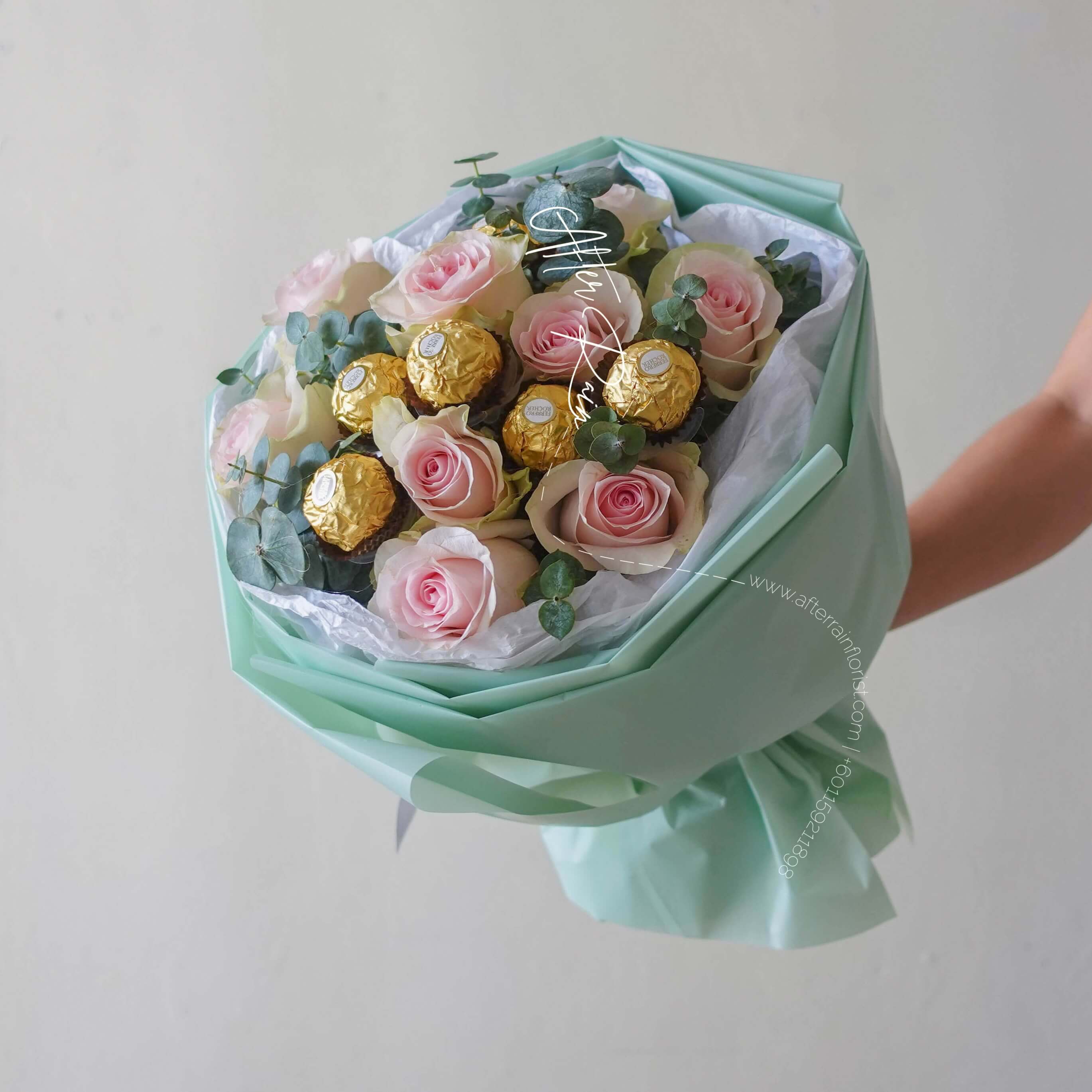 AfterRainFlorist Pastel Sweet Rose With Ferrero Rocher Chocolate Birthday Gift Bouquet PJ Florist KL Klang Valley Flower Gift Delivery Services